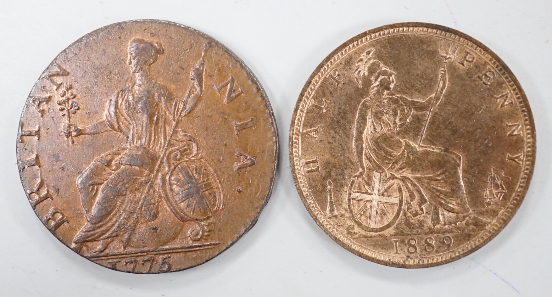 A George III halfpenny 1775, GEF and Victoria YH 1889, UNC